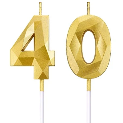 Afbeelding van BBTO 40e Verjaardag Nummer Kaarsen 3D Diamant Vorm Cake 40 Topper Decoratie voor Bruiloft Viering Benodigdheden, Goud, 5 centimeter
