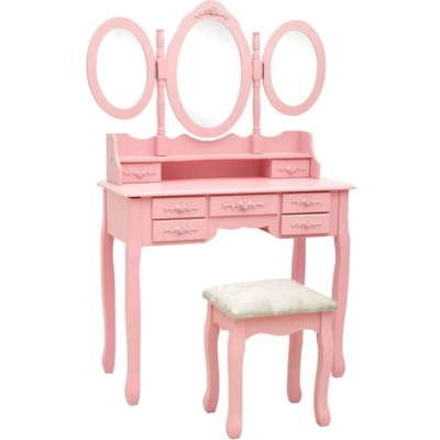 Afbeelding van vidaXL Kaptafel met kruk en drievoudige spiegel roze