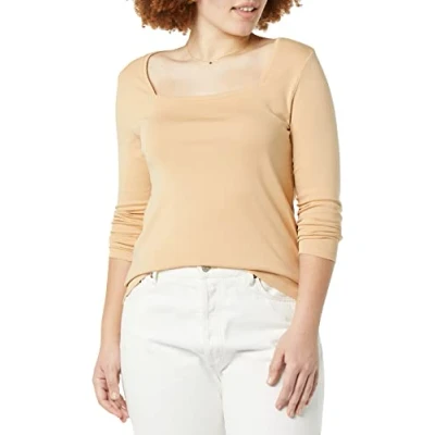 Afbeelding van Amazon Essentials Dames slim fit T shirt met lange mouwen en vierkante hals, licht camel, XS