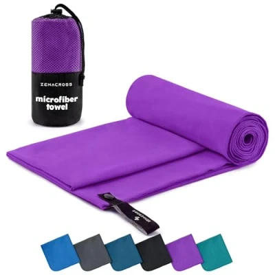 Afbeelding van Zenacross Microvezelhanddoek met draagtas Compacte, sneldrogende en absorberende sporthanddoek Maat XL 180 x 90 cm Paars