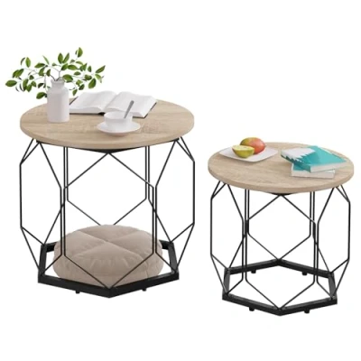 Afbeelding van WOLTU Salontafel, set van 2, bijzettafel met rond tafelblad, banktafel hol metalen frame, woonkamertafel opbergruimte, houtmateriaal, metaal, houtlook, licht eiken + zwart, BTS05hot