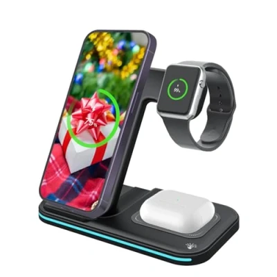 Afbeelding van MMOBIEL Draadloos Oplaadstation Compatibel met iPhone, Apple Watch en AirPods 3 in 1 Draadloze Oplaadstandaard 18W Snellader Geschikt voor Wireless Charger Zwart