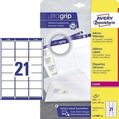 Afbeelding van AVERY Zweckform L7160 40 adreslabels/adresstickers (840 etiketten met ultragrip, 63,5 x 38,1 mm op A4, bedrukbaar, zelfklevend, voor DIN B6/C6 enveloppen, papier mat) vel, wit