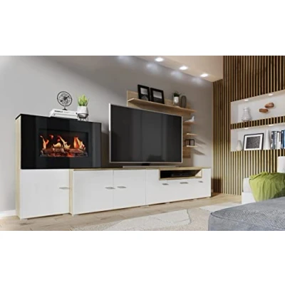 Afbeelding van Skraut Home Woonkamermeubels met elektrische open haard 170 x 290 45 cm LED verlichtingssysteem vlameffect Nieuw Olympo model Moderne stijl Wit/eikenafwerking