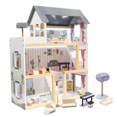 Afbeelding van Zeer luxe grote houten poppenhuis/ speelhuis met meubels LED verlichting 78 cm