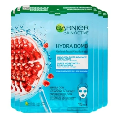 Afbeelding van Garnier SkinActive Hydra Bomb Super hydraterend en opvullend gezichtsmasker van stof met granaatappel hyaluronzuur, veganistische formule, 6 wegwerpmaskers