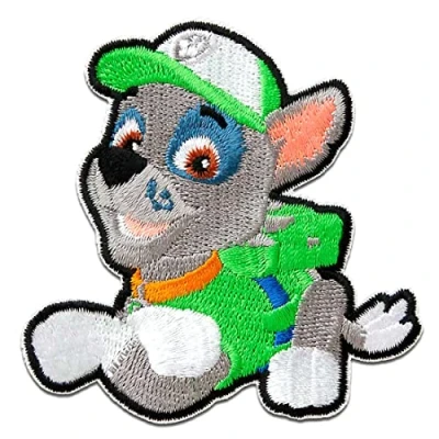 Afbeelding van Lapjes Appliqués Paw Patrol Rocky overdrukplaatjes opzetstukken Applicaties opnaaien opstrijken Lap Patches, Maat: 6,4 x 7 cm
