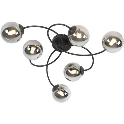 Afbeelding van QAZQA Moderne plafondlamp zwart 6 lichts met smoke glas Athens