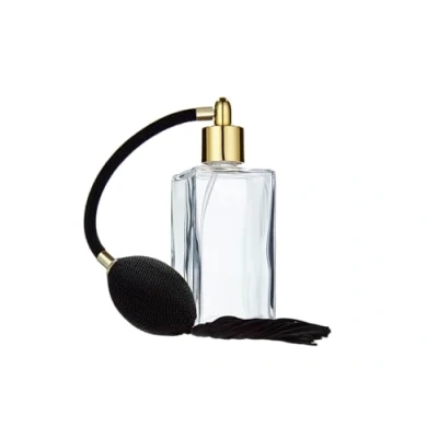 Afbeelding van Fantasia Parfum flacon leeg 100 ml met bal verstuiverpomp, helder glas fles hoekig, om zelf te vullen parfum, navulbaar voor ml, balpomp