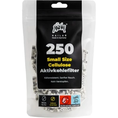 Afbeelding van KAiLAR 250 White Cellulose actieve koolfilter Slim (5,9 mm) met veganistische kool uit kokosnootschalen, voor een minder schadelijke en zachte rokervaring