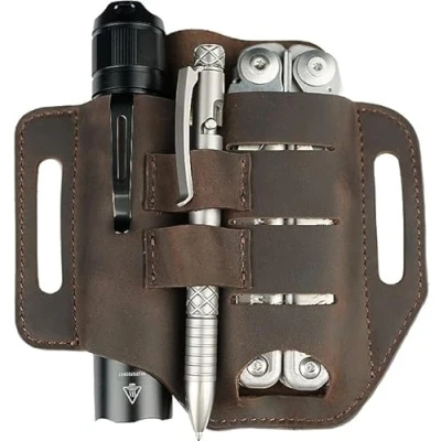 Afbeelding van VIPERADE PJ13 EDC lederen schede, multitools holster/gereedschap holster/mesriem holster/zaklamp schede voor Leatherman multitools/messen, handgemaakte 3 zakken organizer holster (Bruin)