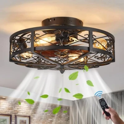 Afbeelding van TRUYOK E27 plafondventilator met lamp en afstandsbediening Stille ventilator plafondlamp Retro industriële Fan Vintage ijzeren kooi hanglamp voor slaapkamer Woonkamer Eetkamer Light