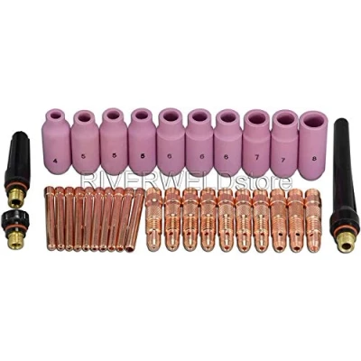 Afbeelding van RIVERWELD spantanglichaam 10N30 (Ø1,0 mm) 10N31 (Ø1,6 Mondstuk 10N50#4 10N49#5 10N48#6 10N47#7 Achterkap 57Y02 57Y03 57Y04 Diverse maten Geschikt voor DB SR WP 17 18 26 Lassen 33 stuks