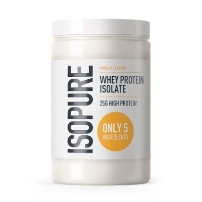 Afbeelding van Isopure Vanille Whey Proteïne Isolaat Poeder 25 g Eiwit per Portie, Laag in Suiker, Zonder Kunstmatige Aroma’s of Zoetstoffen, Slechts 5 Ingrediënten, 450