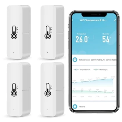 Afbeelding van Mini thermometer, hygrometer, indoor met meldingsalarm, compatibel Alexa en Google Home, verpakking van 4 stuks