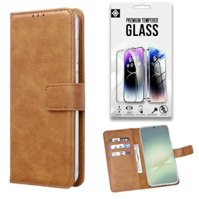 Afbeelding van Casemania Hoesje Geschikt voor Motorola Edge 20 Pro Bruin &amp; Glazen Screenprotector Portemonnee Book Case Kaarthouder Magneetlipje