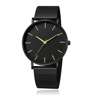 Afbeelding van LGT JWLS Vintage Herenhorloge Luxe Meshband Zwart met Gouden Wijzers Zwarte Wijzerplaat