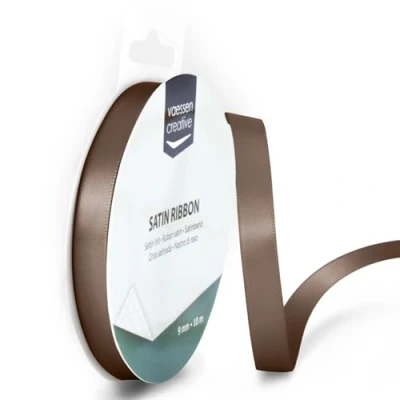 Afbeelding van Vaessen Creative 301002 2023 Satijnen lint melkchocolade bruin, 9 mm x 10 meter, lint, decoratief cadeaulint en stoffen voor bruiloft, doop verjaardagscadeaus,