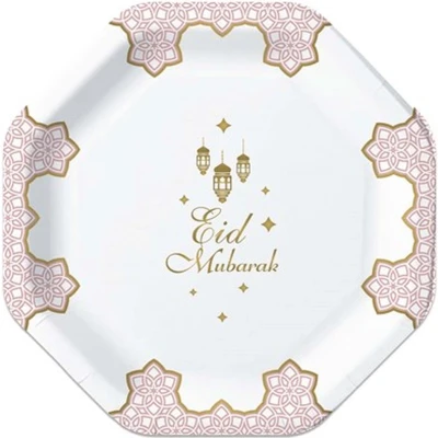 Afbeelding van Eid Mubarak borden roze 18cm 8 stuks