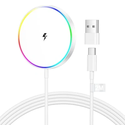 Afbeelding van Draadloze oplader, inductief laadstation, 15 W, snellader voor Magsafe laadstation iPhone, 2 m, iPhone snellaadkabel met USB C adapter oplaadkabel 16/15/14/13/12/11/Airpods