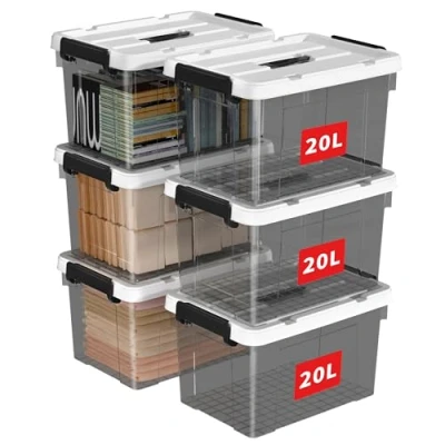 Afbeelding van Cetomo 20L x 6 opbergdozen, plastic opbergdoos met deksels, organiserende container handvat en veilige vergrendelende gespen, stapelbaar, nestbaar, draagtas voor huiskleding, 6Pack, helder