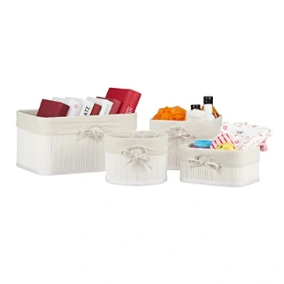 Afbeelding van Relaxdays opbergmanden bamboe set van 4 witte badkamermandjes speelgoed make up wc