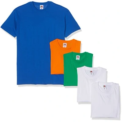 Afbeelding van Fruit of the Loom Heavy T shirt voor heren, set van 5 stuks, wit/Kelly groen/koningsblauw/oranje, XL