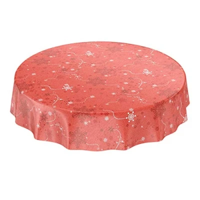 Afbeelding van ANRO Wasdoek tafelzeil tafelkleed Kerstmis sneeuwvlokken rood rond 120 cm