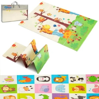 Afbeelding van HUMBI Speelmat voor baby&#039;s, kruipmat, XPE schuim, dubbelzijdig, flatbaar, waterdicht, extra maat, babymat, antislip, 120 x 180 cm, giraffe dieren