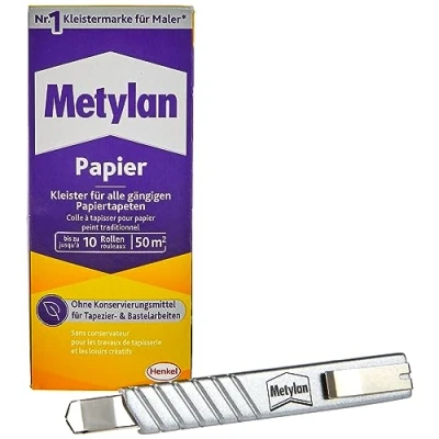 Afbeelding van Metylan Behangplaksel Papier, sterke behanglijm voor licht, normaal en zwaar papierbehang, plaksel behang knutselwerk, voordeelverpakking met 125 g een gratis behangsnijder