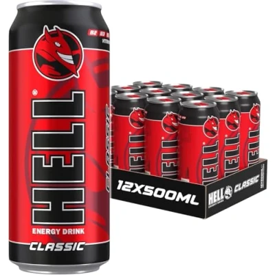 Afbeelding van HELL CLASSIC Energy Drink +20% More Caffeine Vitamins B2, B3, B6, B12, C &amp; D No Preservatives Environmentally Friendly Packaging 12 x 500 ml Compatible with