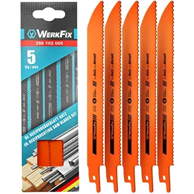 Afbeelding van Werkfix reciprozaagbladen / MADE IN DUITSLAND set 5 delig zaagbladen reciprozaag voor hout en metaal accessoires reciprozaagblad snelle zagen HSS Bi 150 mm. 8 10 tpi 6&quot; stuks