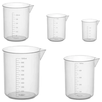 Afbeelding van stonylab lab bekers Plastic, Doorzichtige Plastic Maatbeker met Schenktuit Set Vloeistofbeker Container in 5 maten, 50 ml/100 ml/250 ml/500 ml/1000 ml (1 L), Combinatieverpakking