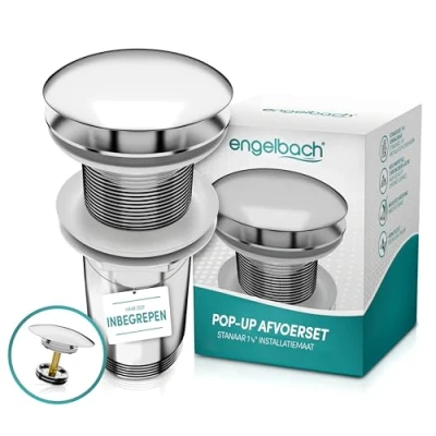 Afbeelding van Engelbach afvoergarnituur wastafel zonder overloop pop up incl. 4 afdichtingen afvoerventiel met video universeel voor alle soorten wastafels chroom
