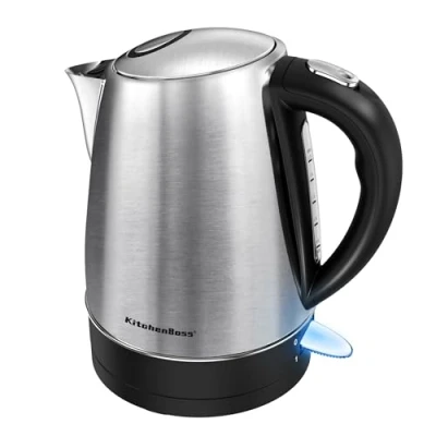Afbeelding van KitchenBoss Waterkoker, 1,7 liter, roestvrij staal: elektrische waterkoker met kalkfilter, zichtbaar venster en waterniveau indicator, automatische uitschakeling