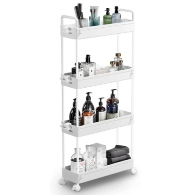 Afbeelding van SOLEJAZZ rolwagen met 4 niveaus, smalle nisrek op wieltjes voor keuken, badkamer, bijkeuken, slaapkamer, plaatsen, kunststof, handgrepen, 13 x 40 86,3 cm, wit