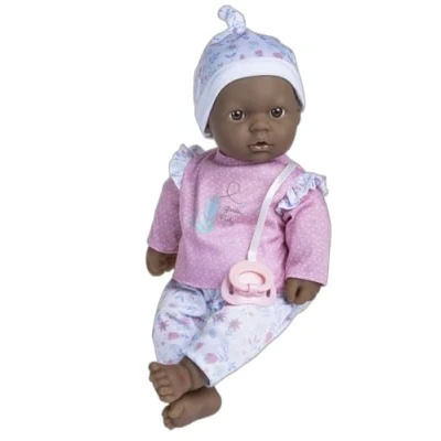 Afbeelding van JC Toys La Baby Afro Amerikaanse pop, 40 cm, zacht en wasbaar lichaam, magische fles fopspeen roze, bloemenpatroon, ontworpen in Spanje, 12 maanden