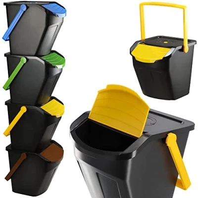 Afbeelding van KADAX Recycling emmer, 25 liter afvalemmer met deksel, afvalemmerset voor gemakkelijke afvalscheiding, afvalverzamelaar, afvalscheider biologisch afval, papier, glas, 4 stuks