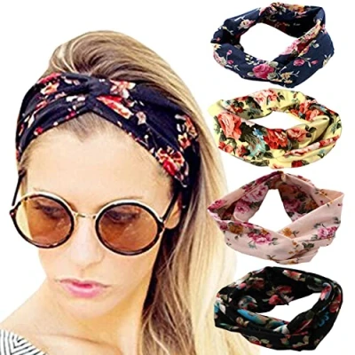 Afbeelding van DRESHOW 4 Pak Vrouwen Haarbanden Vintage Elastische Boho Floal Stijl Criss Cross Haarband Schattig Haar Accessoire
