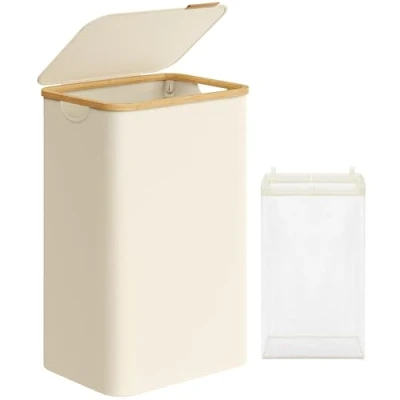 Afbeelding van SONGMICS Wasmand met deksel, 90 l wasmand, verwijderbare waszak, Oxford stof, bamboehandvatten, opvouwbaar, 42 x 32 70,5 cm, crèmewit LCB509W01