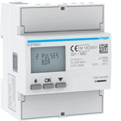 Afbeelding van Hager kwh meter 3 fase directe meting 80a 92 276v 160 480v klasse b pulsuitgang mid lon bus afname levering dubbeltarief ecp380d