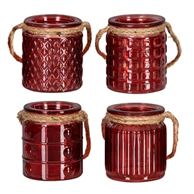 Afbeelding van levandeo Set van 4 windlicht H10 cm glas bordeaux rood theelichthouder tafeldecoratie kaarsen decoratie retro kandelaar vlas