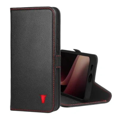 Afbeelding van TORRO Case Compatibel met Samsung Galaxy S24 FE 5G Premium lederen portemonnee hoes standaard en kaartsleuven (zwart rode details)