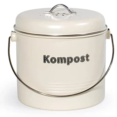 Afbeelding van Theo&amp;Cleo Biologische afvalemmer keuken, 7 l, bio vuilnisemmer, geurdicht, met actieve koolfilters, compostemmer van metaal, afval, retro (mat beige)