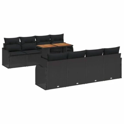 Afbeelding van vidaXL 9 delige Tuin Sofa Set met Kussens Zwart Poly Rattan