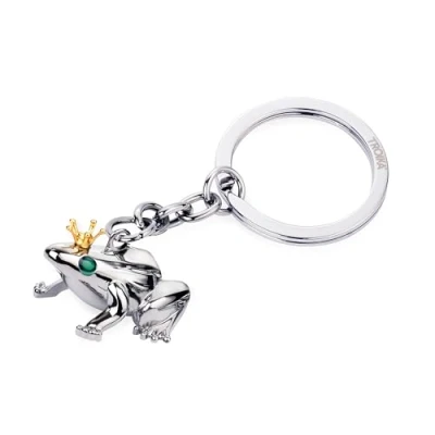 Afbeelding van TROIKA Sleutelhanger kikker met kroon Kikkerkoning gegoten chroom zilverkleurig, goudkleurig, groen origineel, Kleur: zilver., 7,8 x 3,5 2 cm