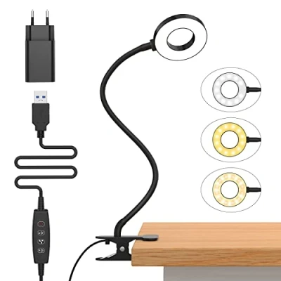 Afbeelding van iZELL Leeslamp met 23 leds en USB oplader, lamp klem, 3 kleuren 10 lichtsterktes, 40 cm, blokkeert 99,99% van het blauwe licht, bureaulamp klem voor boeken, werk, bed tafel