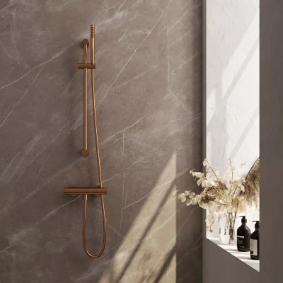 Afbeelding van Brauer Copper Edition Douchekraan opbouw glijstang 1 functie 2 gladde knoppen handdouche staaf stand PVD geborsteld koper