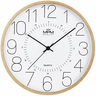 Afbeelding van MPM Quality Wandklok, kunststof frame met houteffect, licht hout, kwartsuurwerk, soepele afvoer, diameter 300 x 42 mm, moderne stijl, voor woonkamer, slaapkamer, kantoor
