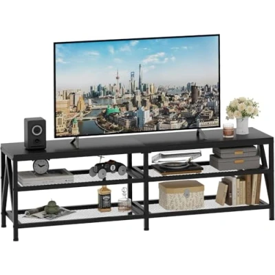 Afbeelding van tv kast, televisietafel, lowboard voor tv&#039;s tot 70 inch, kast met 3 open vakken, plank woonkamer, slaapkamer, 160 x 40 50 cm, industrieel design, stalen frame, zwart